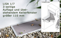 Lichtschachtabdeckung LiSA LI 1/7 mit 3-seitiger Auflage und überstehendem Kellerfenster größer 110 mm