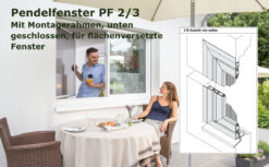 Pendelfenster PF 2/3 mit Montagerahmen unten geschlossen für flächenversetzte Fenster