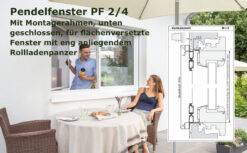 Pendelfenster PF 2/4 mit Montagerahmen unten geschlossen für flächenversetzte Fenster