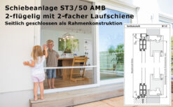 Schiebetür ST 3/50 AMB/Frontmontage - 2-flügelig, flache Laufschiene, kleben oder schrauben möglich
